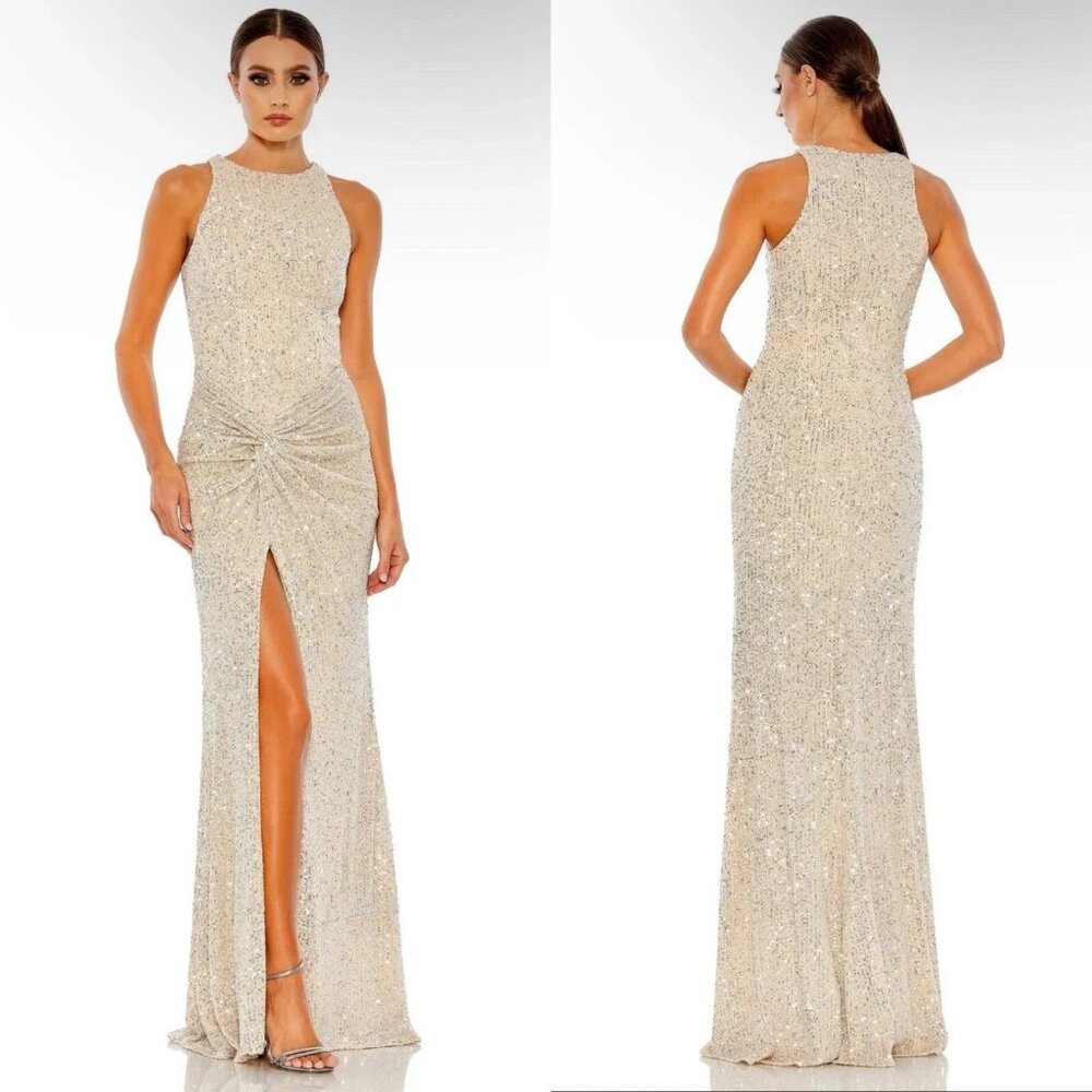 Ieena Mac Duggal 42025 Gold Sequin Ruched Sheath Gown Dress 12 NEW